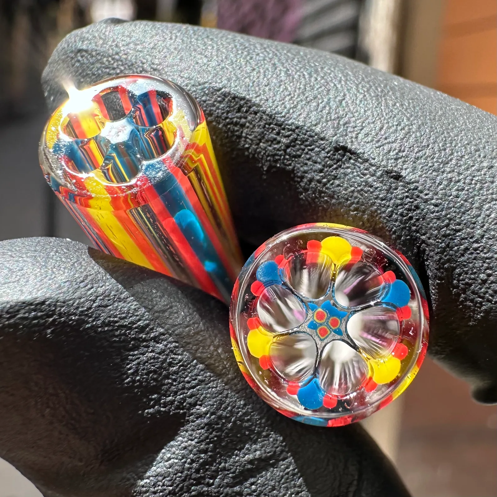 Close-up of Cellcore glass tips with cellular murrini detail inside clear borosilicate glass
